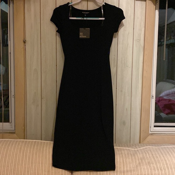 see you monday sym la black ribbed bodycon midi dress new nwt midi long M - Picture 6 of 8